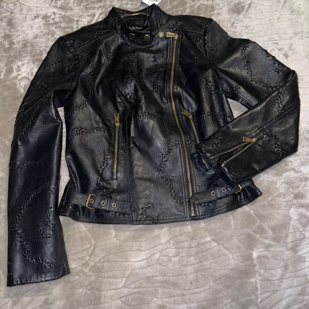 Ralph Lauren Black label Jacket Leather Moto Biker Black size 4 - Picture 8 of 16